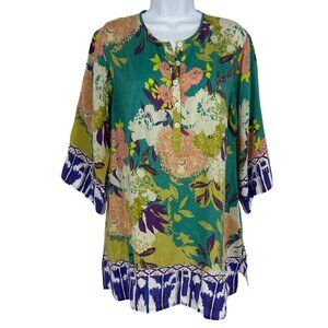Cabi Floral Print Boho Tunic Top Button Placket 3/4 Sleeves With Tie Waist Sz S